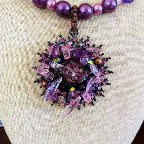 Vintage Purple Faux Pearls and Crystal Statement Pendant Necklace - Picture 2 of 4